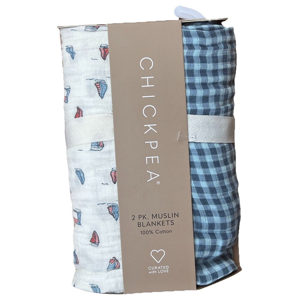 Chick Pea Muslin Cotton Swaddling Baby Blankets Blue Plaid Checkered & Boats New